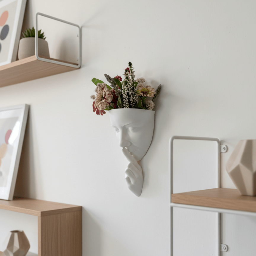 Silence – Sculptural Wall Vase with Woman’s Face and Finger on Lips - Artimo