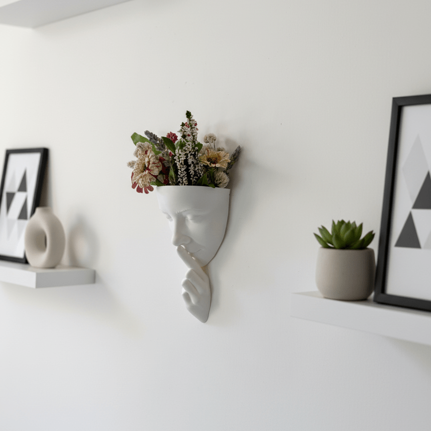 Silence – Sculptural Wall Vase with Woman’s Face and Finger on Lips - Artimo