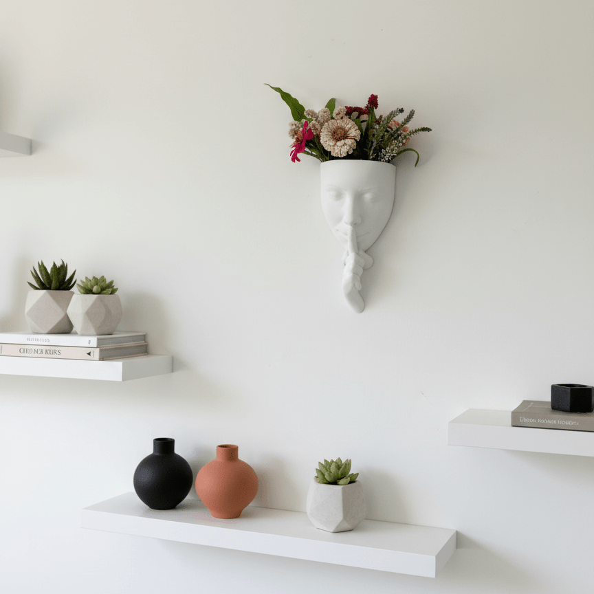 Silence – Sculptural Wall Vase with Woman’s Face and Finger on Lips - Artimo