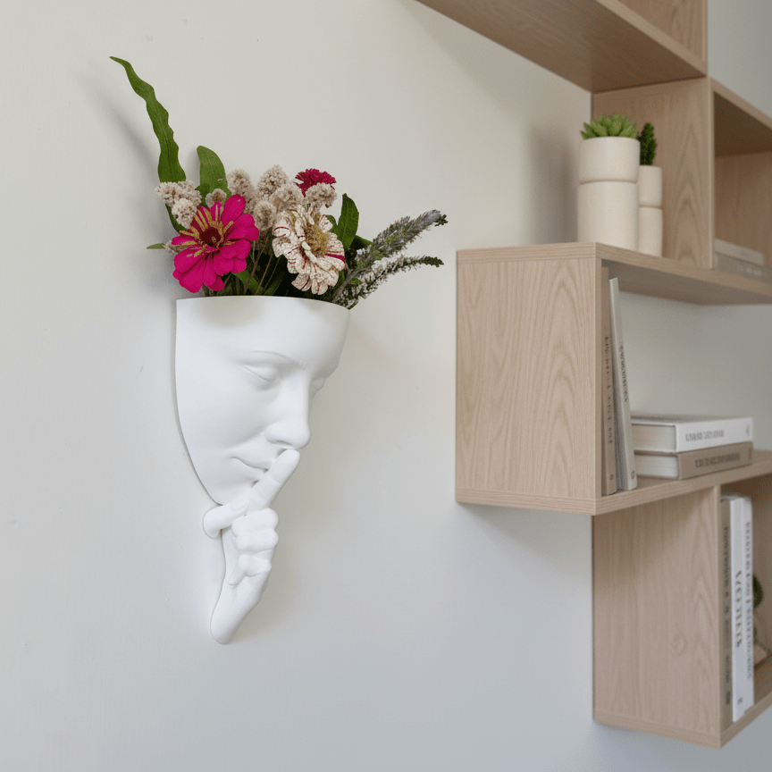 Silence – Sculptural Wall Vase with Woman’s Face and Finger on Lips - Artimo