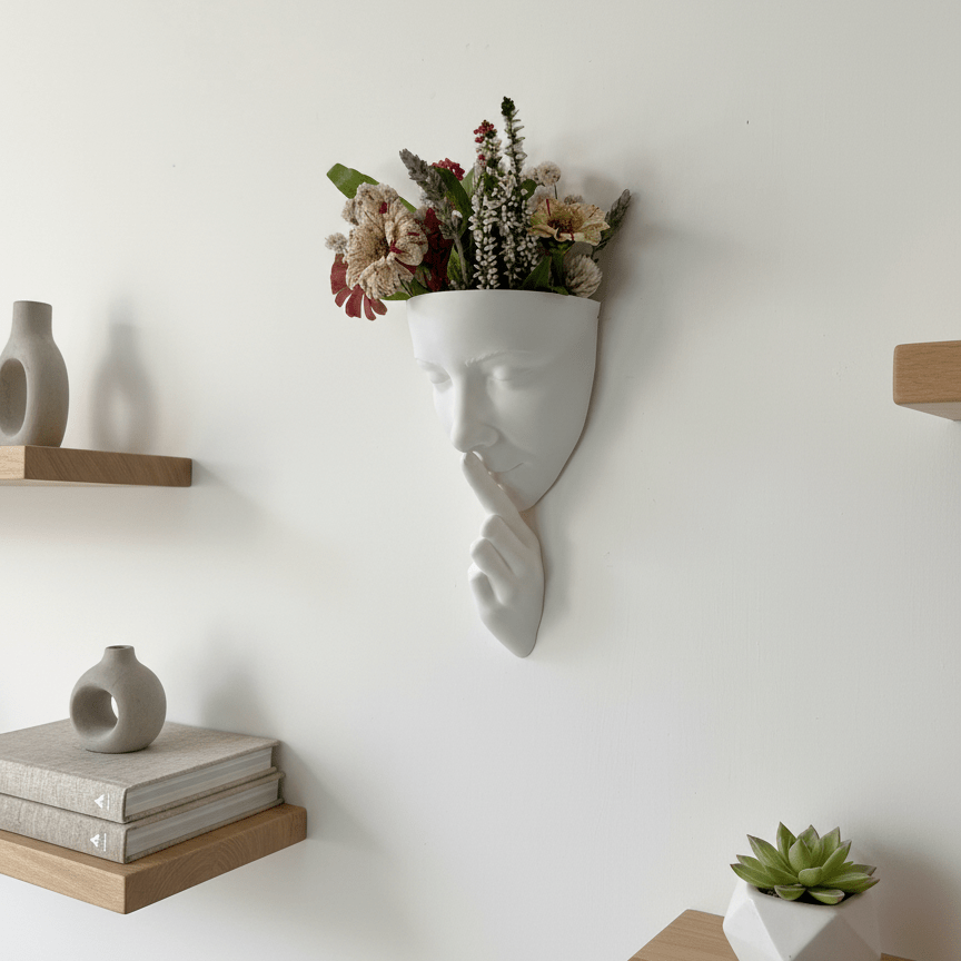 Silence – Sculptural Wall Vase with Woman’s Face and Finger on Lips - Artimo