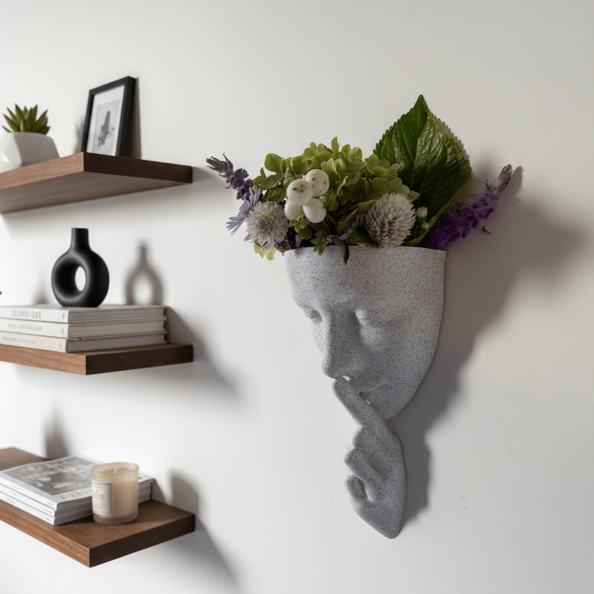 Silence – Sculptural Wall Vase with Woman’s Face and Finger on Lips - Artimo